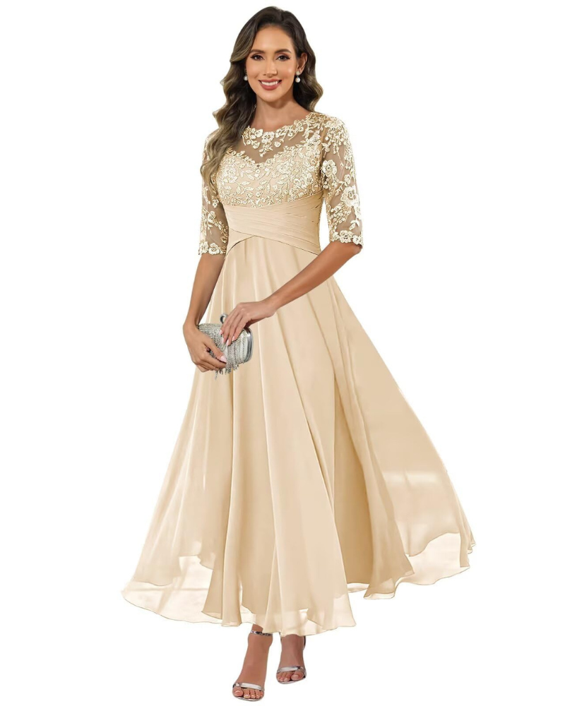 da Sera da Donna – Pizzo e Chiffon, Maniche a 3/4 e Elegante Taglio a Trapezio