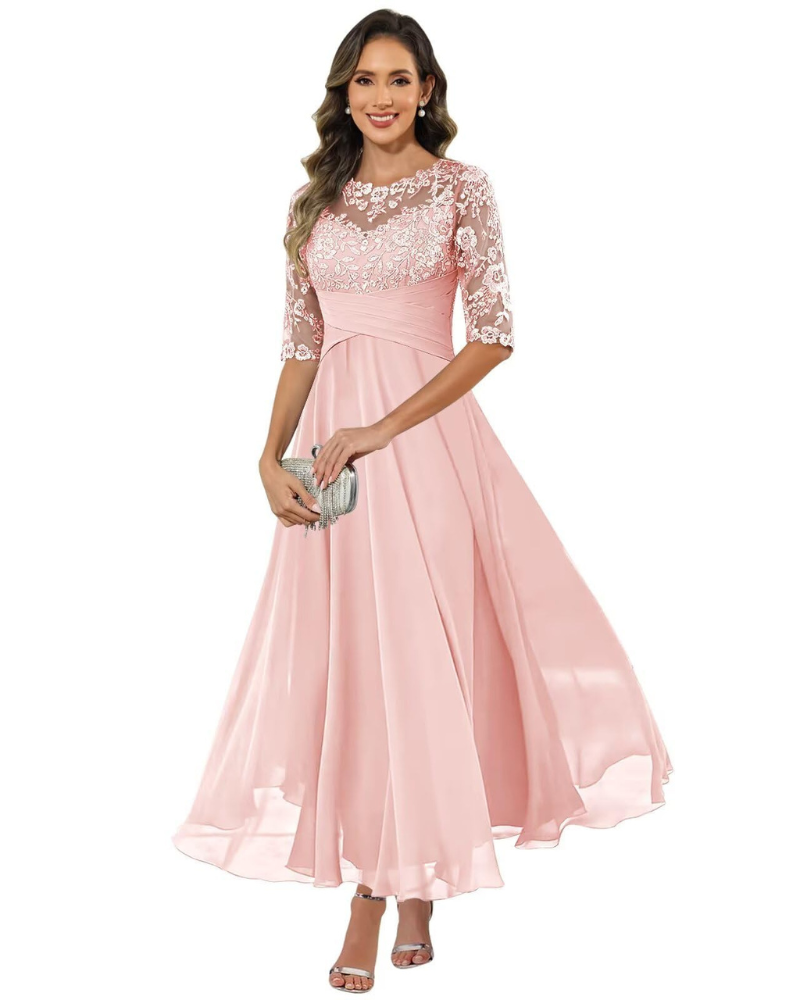 da Sera da Donna – Pizzo e Chiffon, Maniche a 3/4 e Elegante Taglio a Trapezio