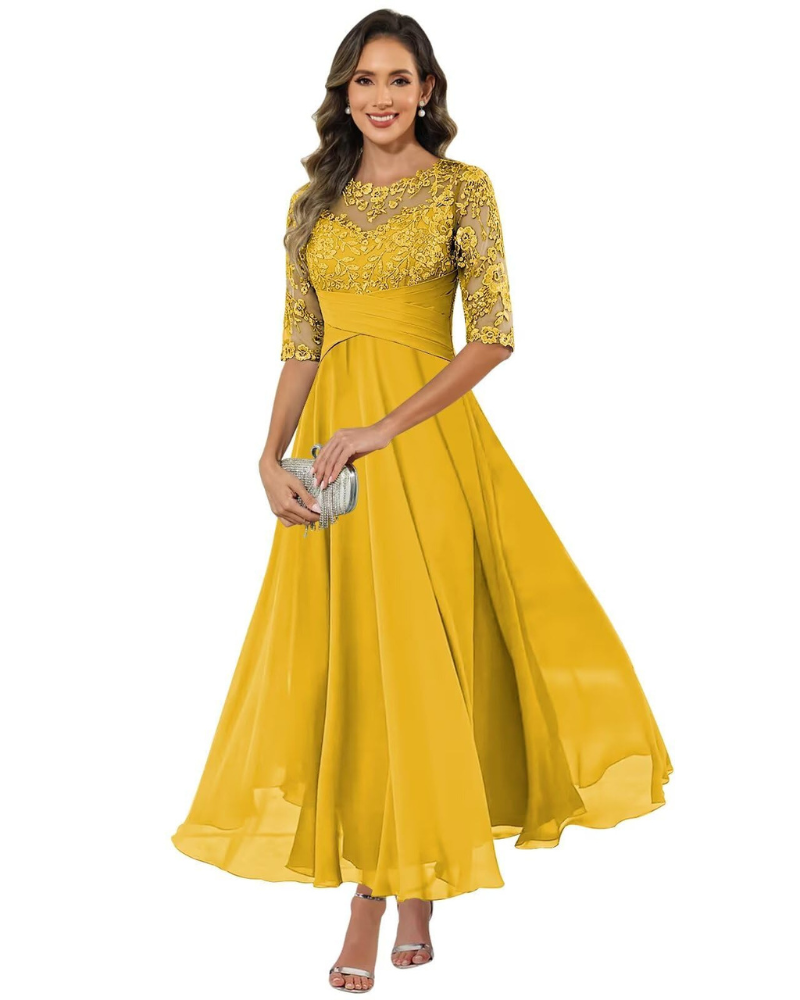 da Sera da Donna – Pizzo e Chiffon, Maniche a 3/4 e Elegante Taglio a Trapezio