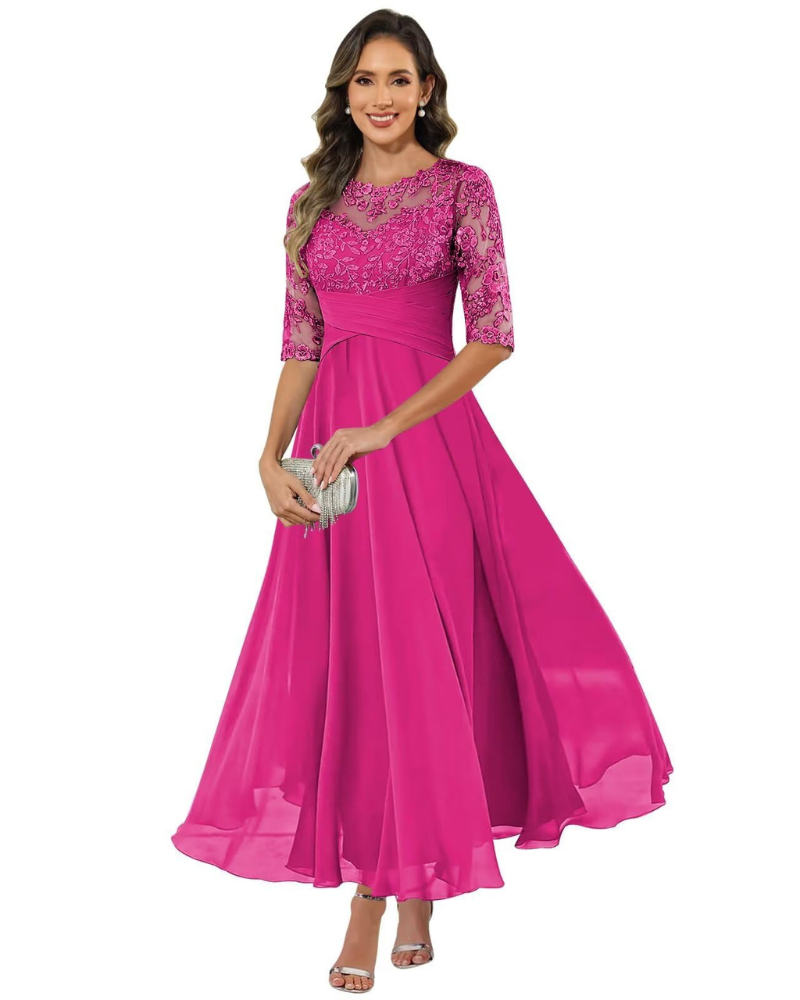 da Sera da Donna – Pizzo e Chiffon, Maniche a 3/4 e Elegante Taglio a Trapezio