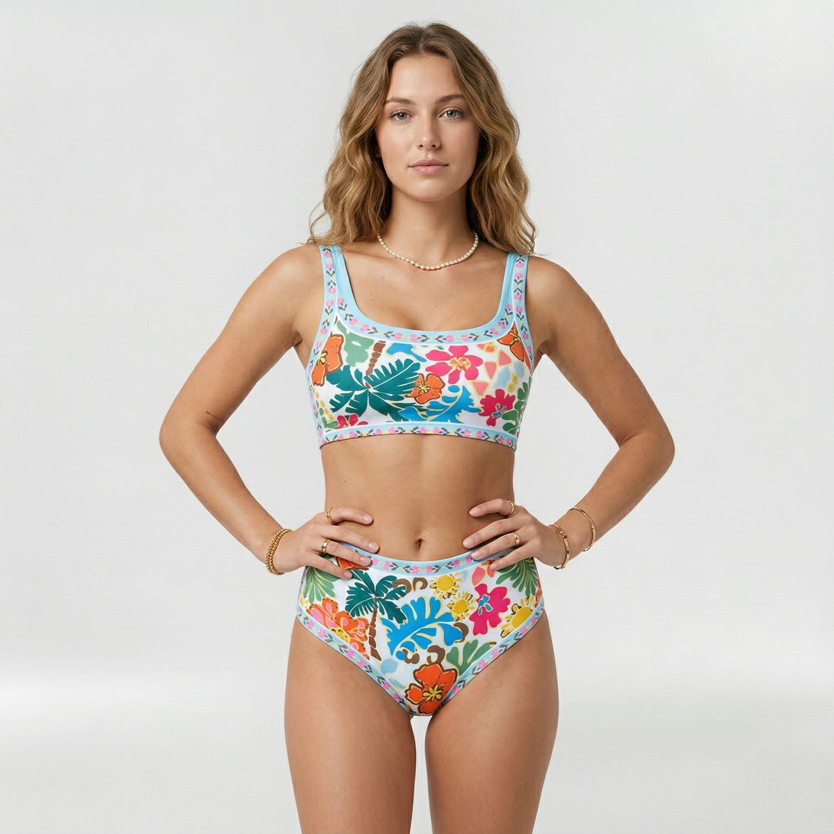 Bikini donna a vita alta con fiori colorati