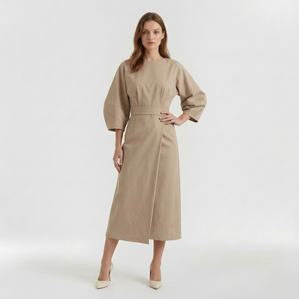 Abito Midi Elegante da Donna a Maniche Lunghe – Vestito Casual Chic con Cintura