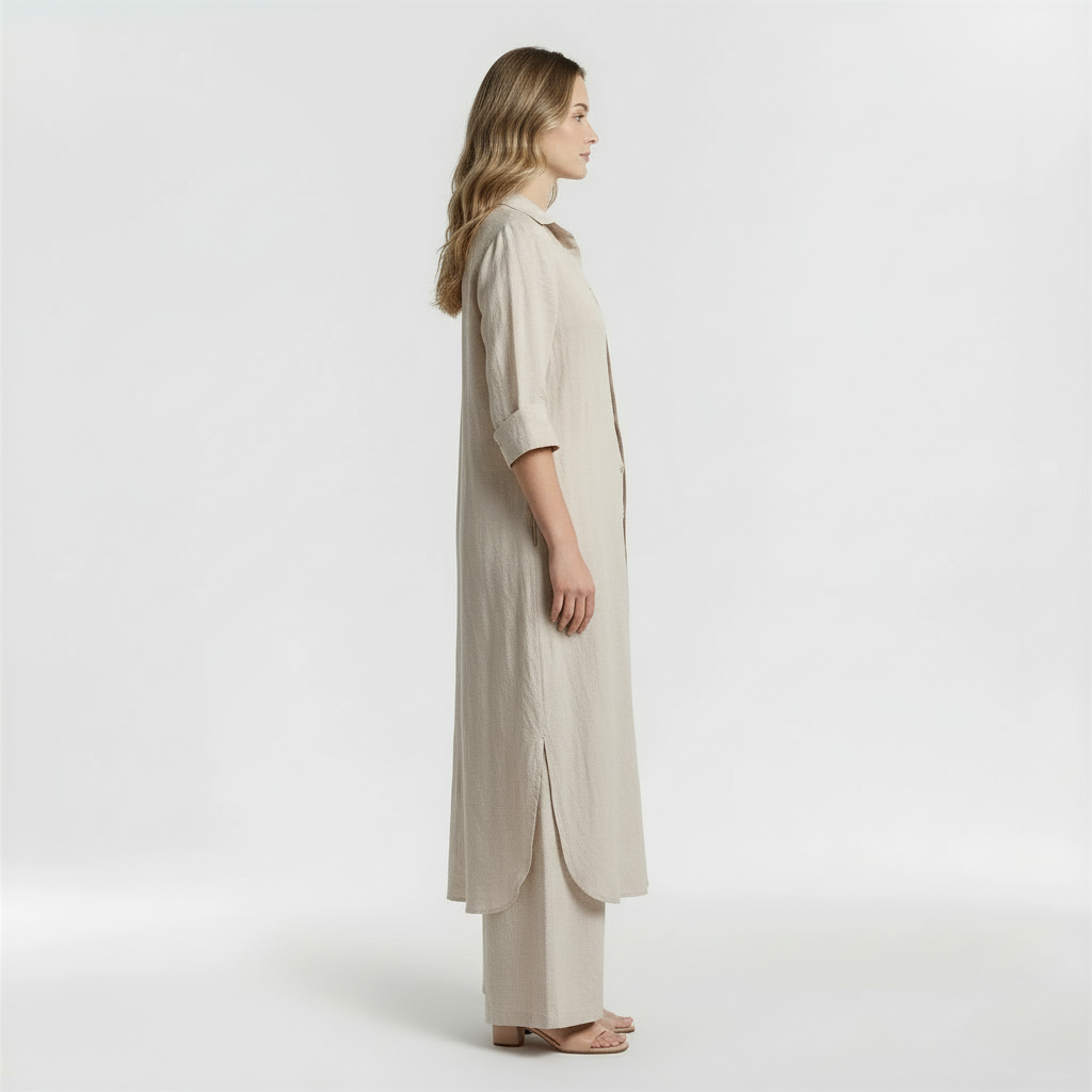 Completo Donna 2 Pezzi Camicia Lunga e Pantaloni in Cotone Set Casual Elegante