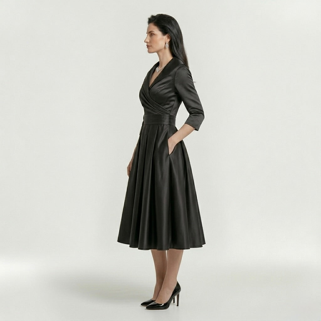 Abito Midi Elegante da Donna con Maniche Lunghe – Vestito Classico Svasato con Cintura