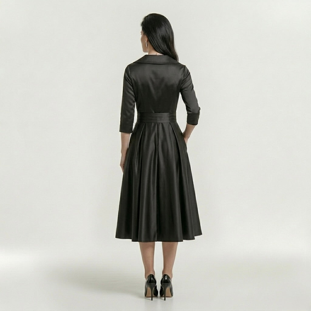 Abito Midi Elegante da Donna con Maniche Lunghe – Vestito Classico Svasato con Cintura