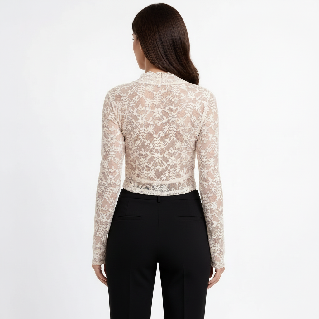 Top in pizzo a maniche lunghe da donna con scollo profondo