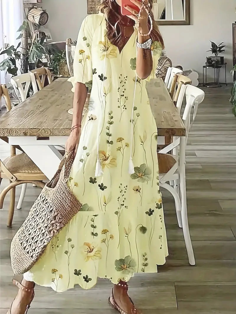 Abito Boho Charm da Donna – Elegante Vestito Estivo a Volant con Scollo a V e Motivo Ikat