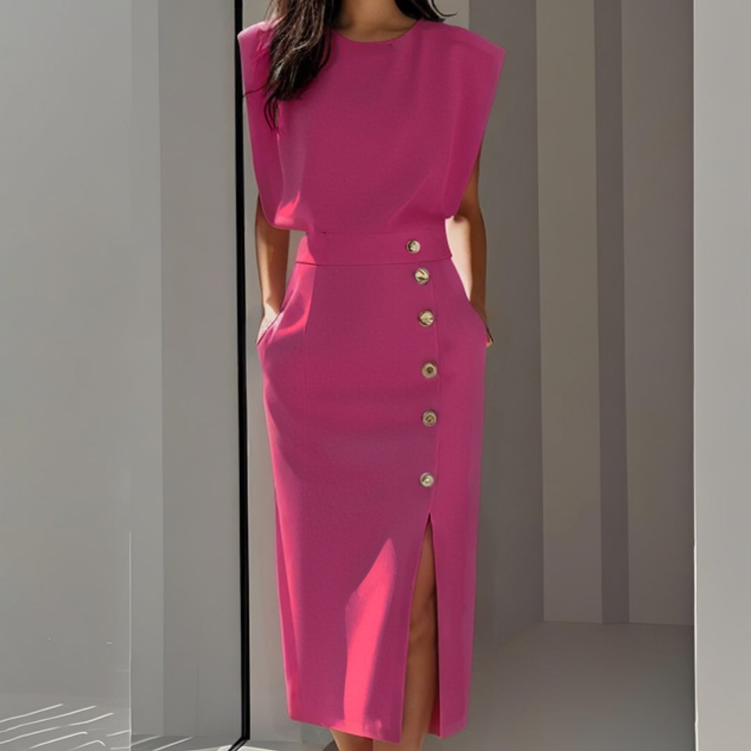 Andrea | Vestito Midi Aderente con Bottoni Donna Senza Maniche