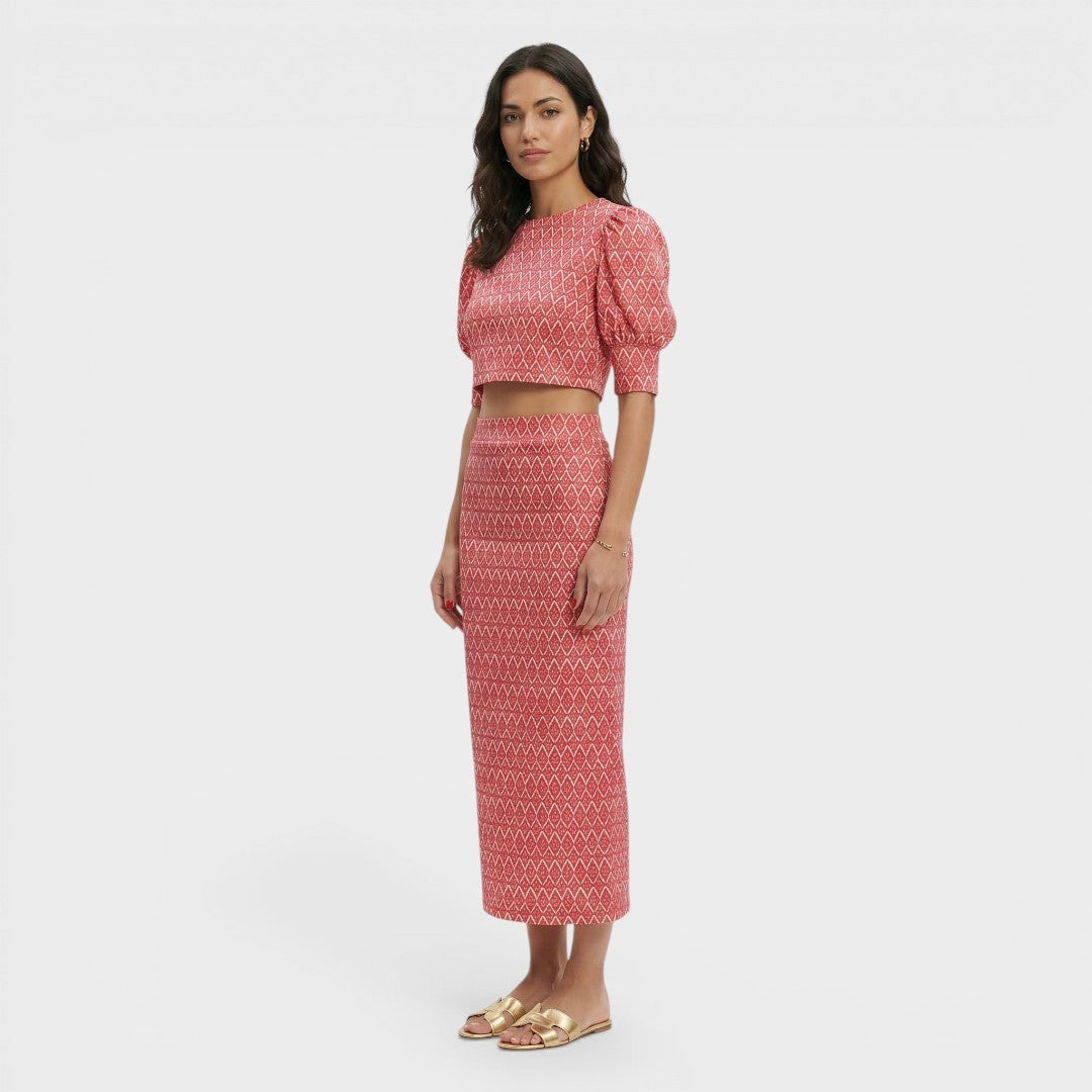 Completo Elegante con Stampa Geometrica e Maniche a Sbuffo da Donna