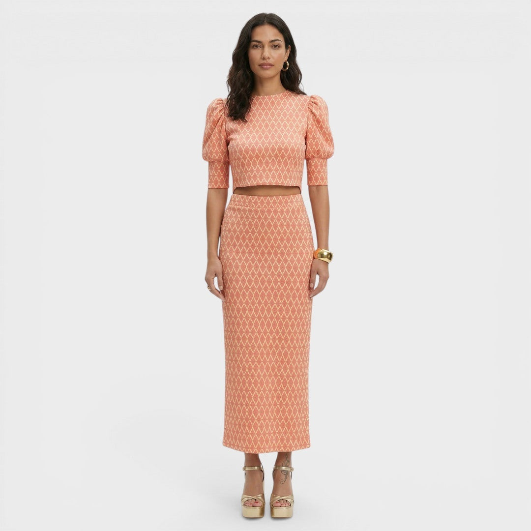 Completo Elegante con Stampa Geometrica e Maniche a Sbuffo da Donna