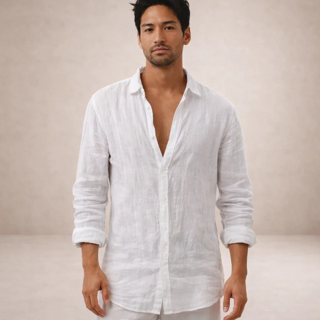 Camicia Uomo in Lino a Maniche Lunghe | Camicia Casual Regular Fit con Collo Aperto | Tessuto Leggero e Traspirante Estivo