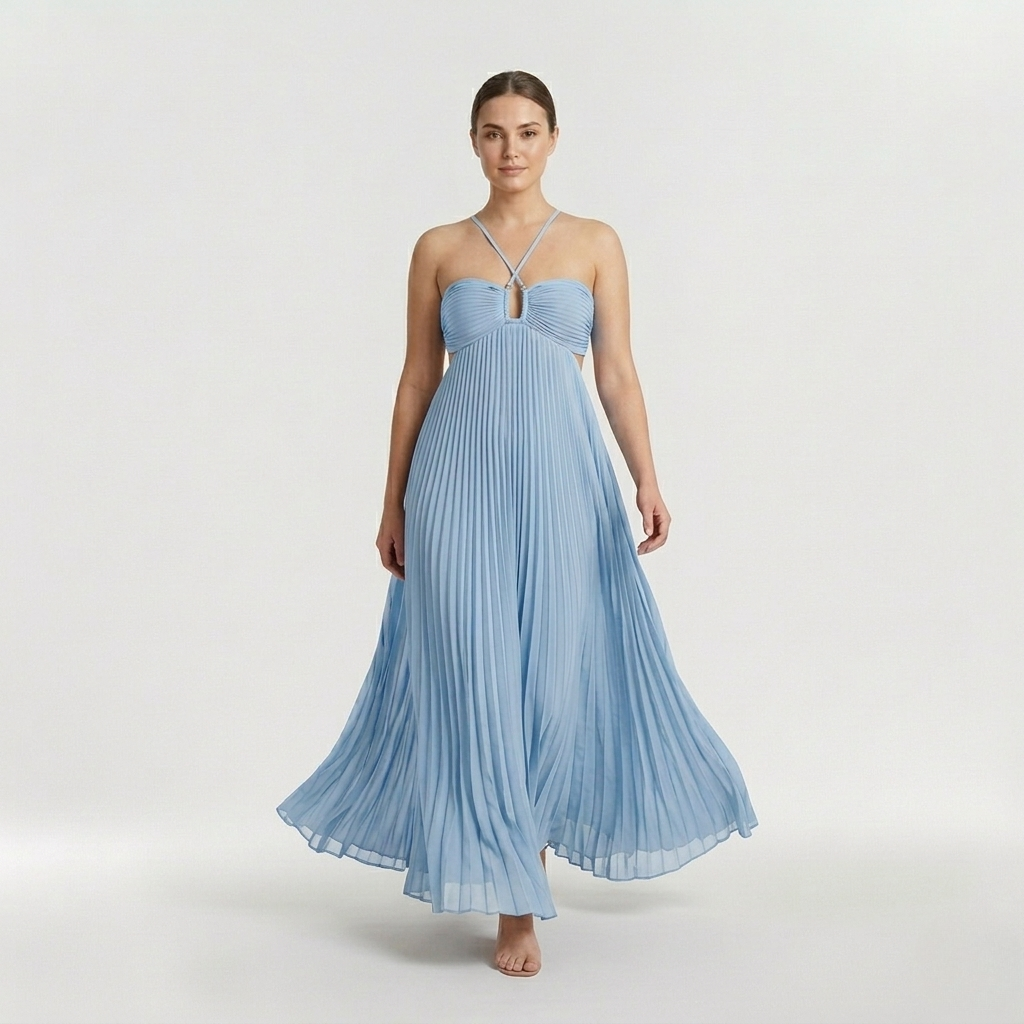 Abito maxi plissettato con scollo halter e schiena scoperta da donna
