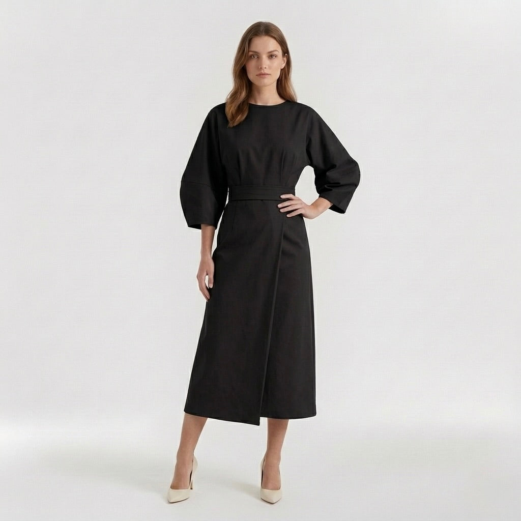 Abito Midi Elegante da Donna a Maniche Lunghe – Vestito Casual Chic con Cintura