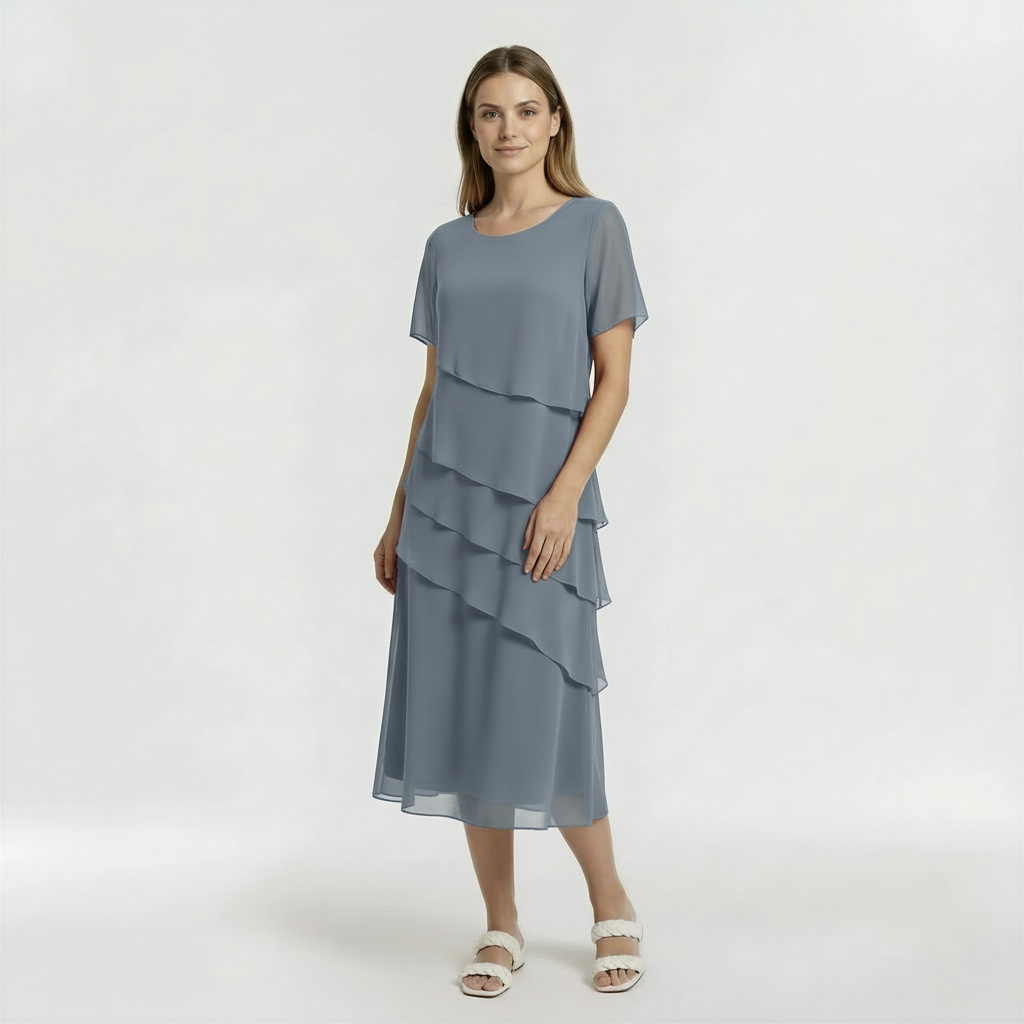 Vestito Donna Elegante Midi Maniche Corte Abito da Cerimonia con Drappeggio