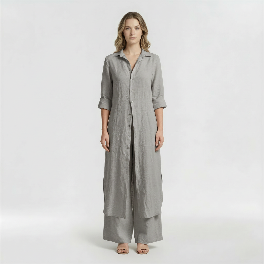 Completo Donna 2 Pezzi Camicia Lunga e Pantaloni in Cotone Set Casual Elegante