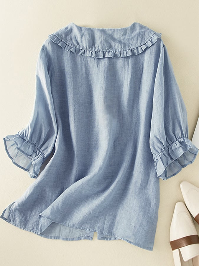 Jillian Camicia Donna – Camicia Ampia in Cotone e Lino con Colletto Peter Pan a Volant Chic