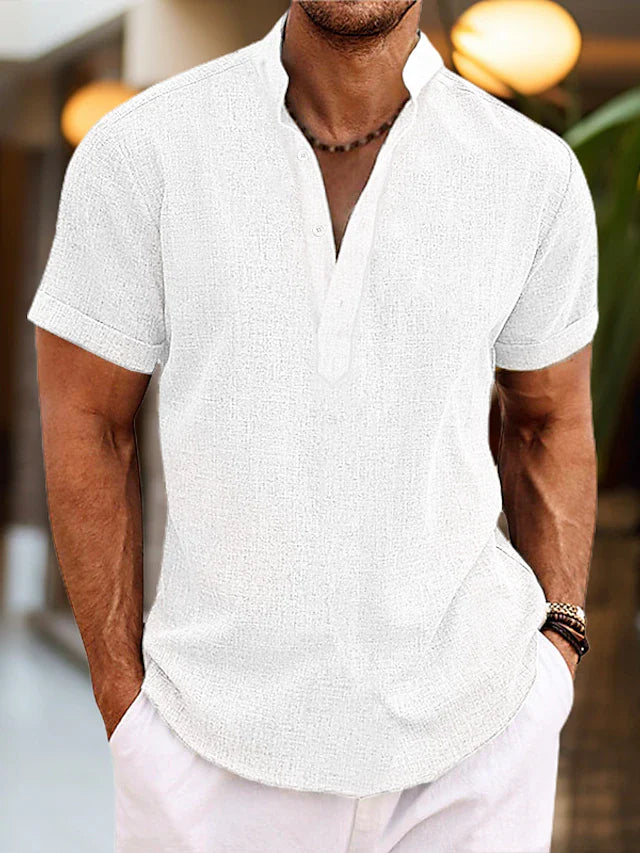 Camicia in Lino da Uomo Silas – Camicia Estiva Traspirante con Collo Henley e Maniche Corte