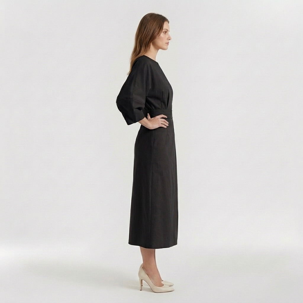 Abito Midi Elegante da Donna a Maniche Lunghe – Vestito Casual Chic con Cintura