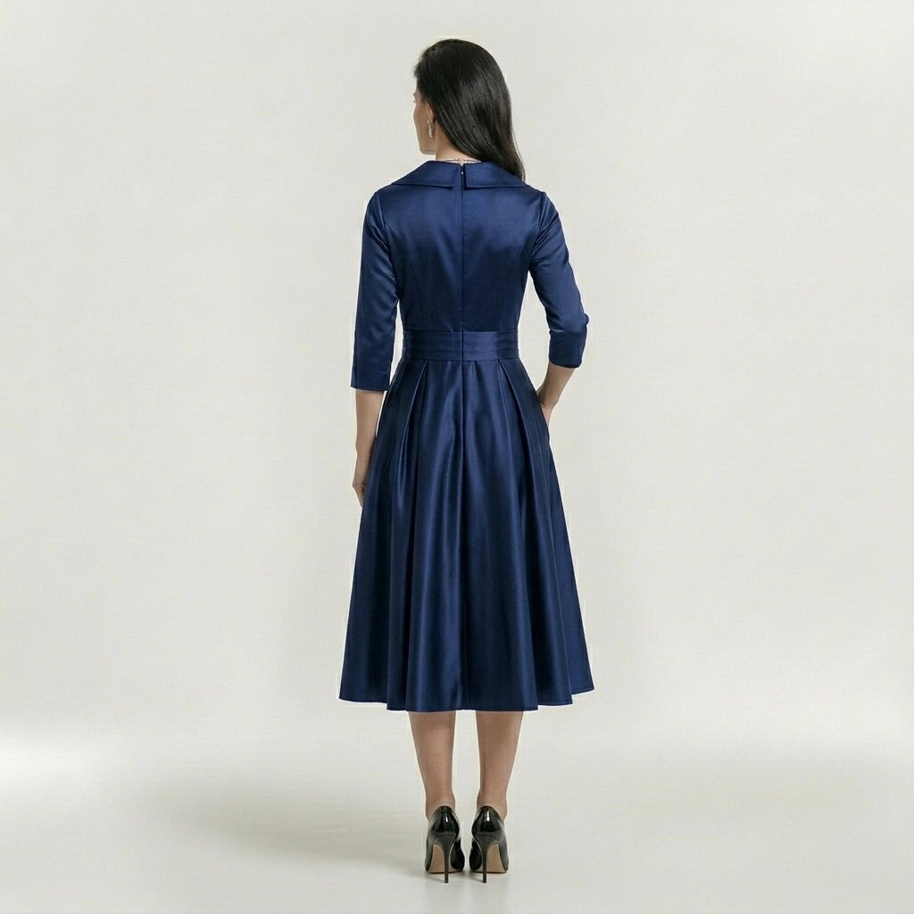 Abito Midi Elegante da Donna con Maniche Lunghe – Vestito Classico Svasato con Cintura