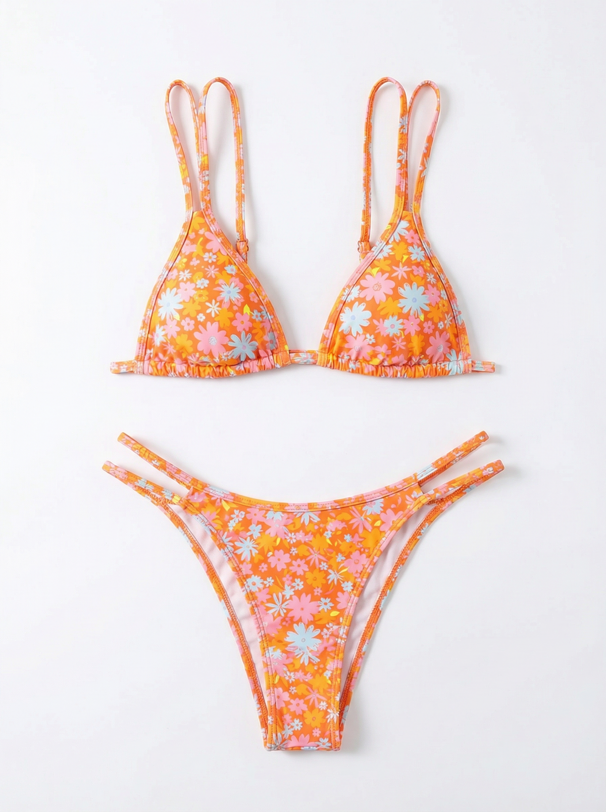 Bikini da donna arancione con stampa floreale e spalline doppie