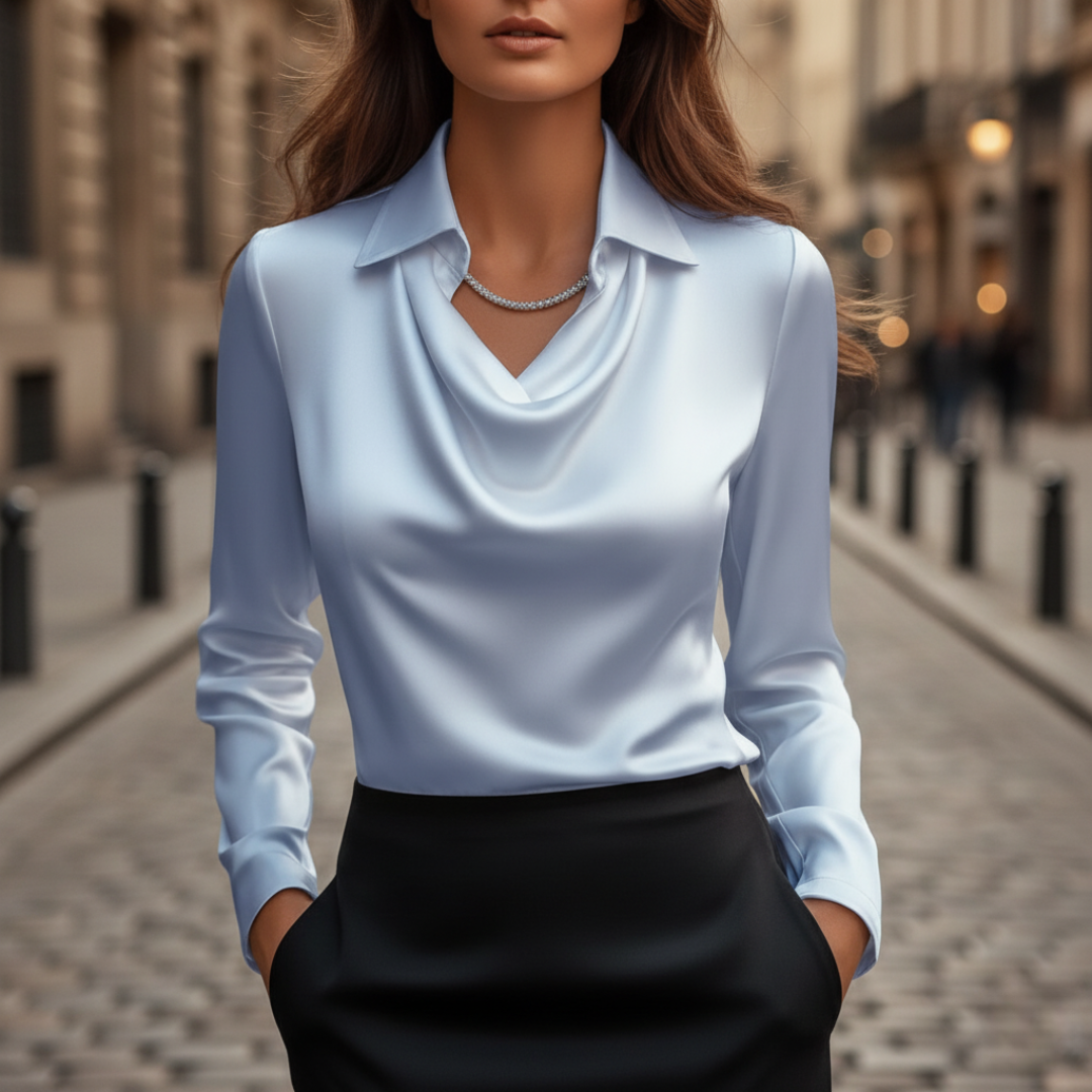 Camicia Donna in Raso con Collo Cowl a Maniche Lunghe