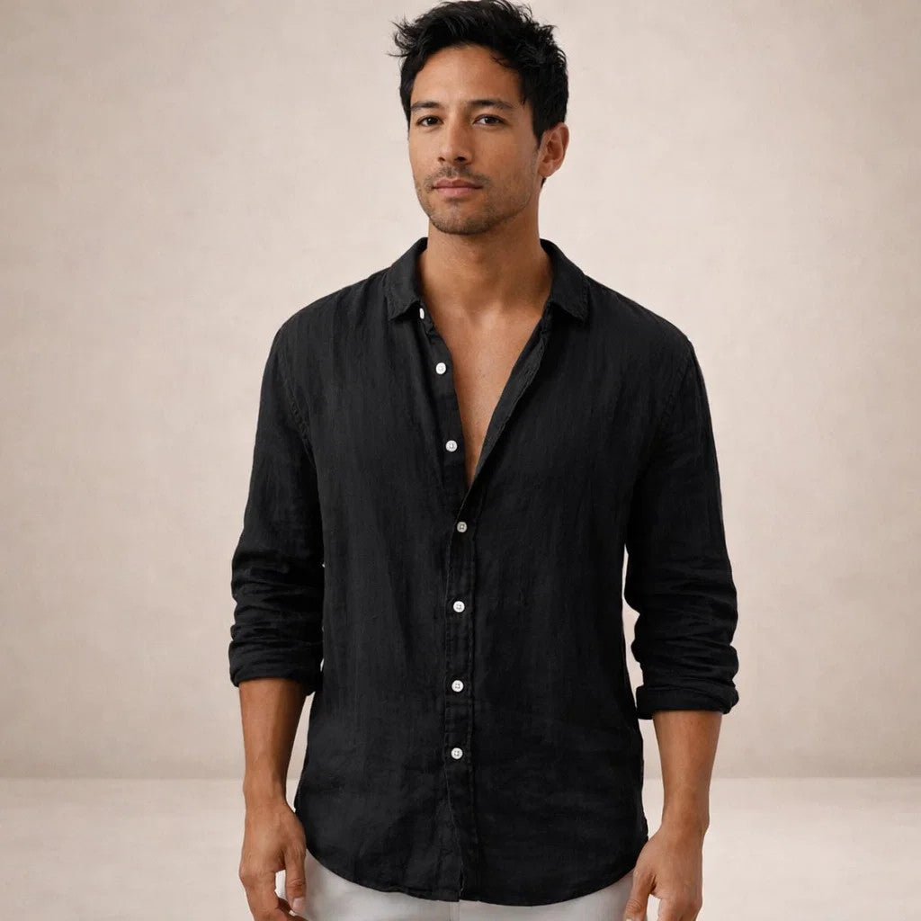 Camicia Uomo in Lino a Maniche Lunghe | Camicia Casual Regular Fit con Collo Aperto | Tessuto Leggero e Traspirante Estivo