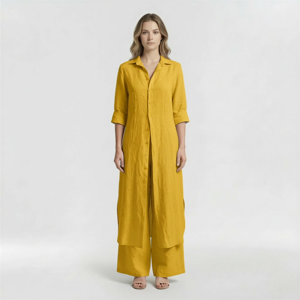Completo Donna 2 Pezzi Camicia Lunga e Pantaloni in Cotone Set Casual Elegante