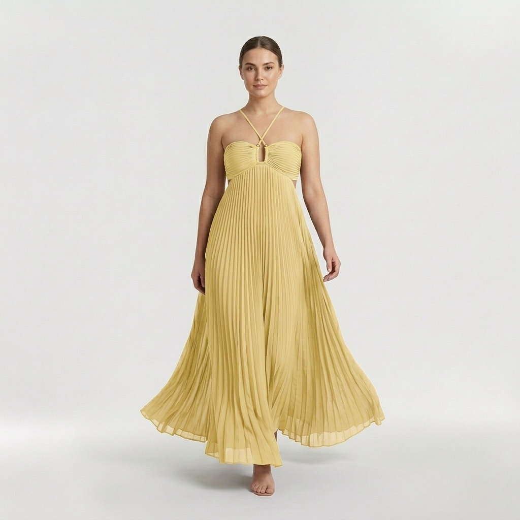 Abito maxi plissettato con scollo halter e schiena scoperta da donna