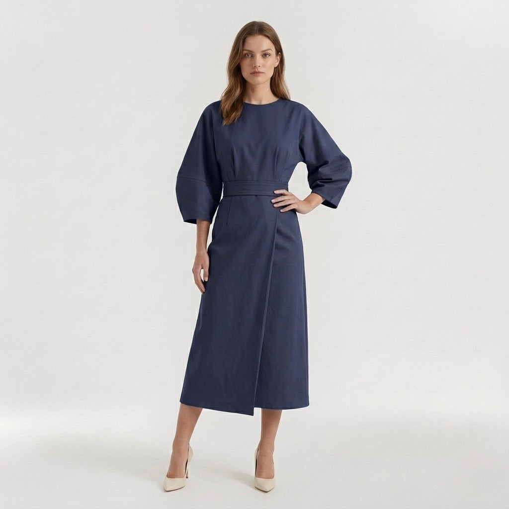 Abito Midi Elegante da Donna a Maniche Lunghe – Vestito Casual Chic con Cintura