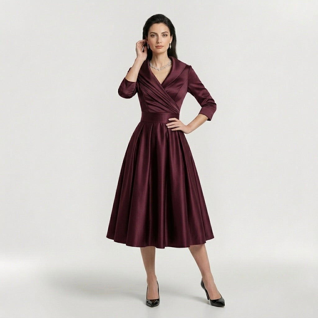Abito Midi Elegante da Donna con Maniche Lunghe – Vestito Classico Svasato con Cintura