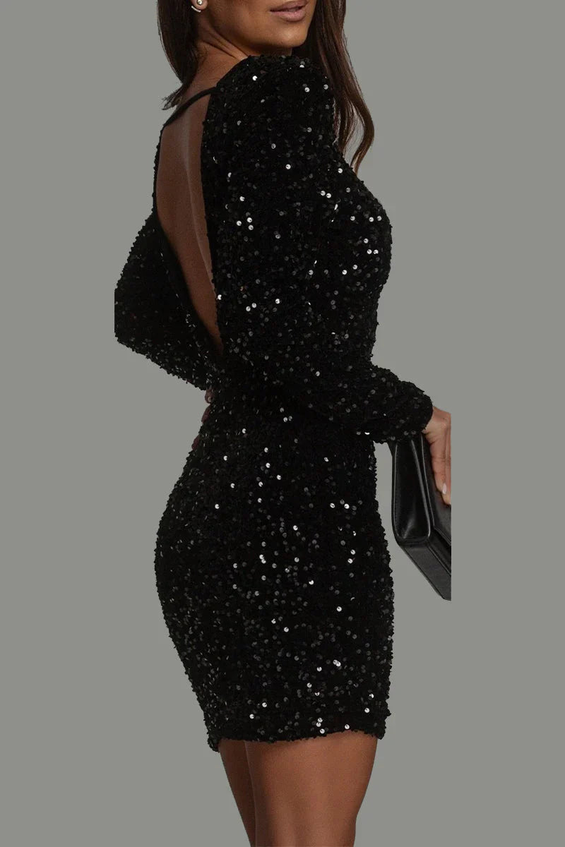 Elegante miniabito da donna con paillettes, maniche lunghe e schiena scoperta | Heidi-Mode