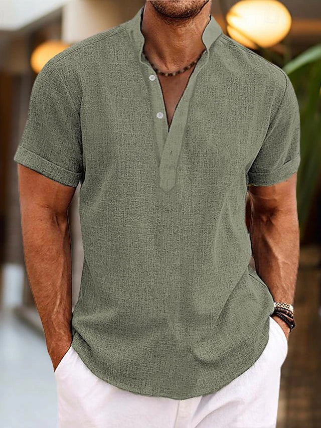 Camicia in Lino da Uomo Silas – Camicia Estiva Traspirante con Collo Henley e Maniche Corte