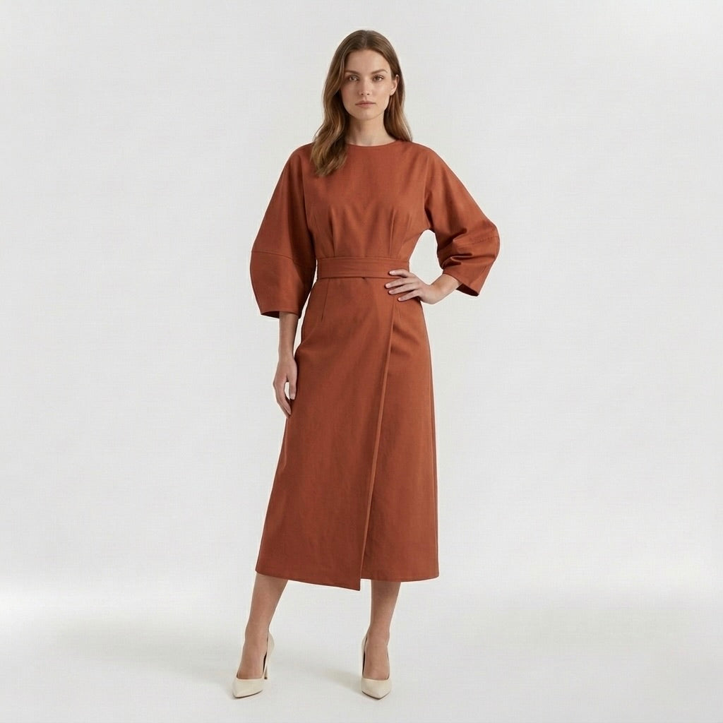 Abito Midi Elegante da Donna a Maniche Lunghe – Vestito Casual Chic con Cintura