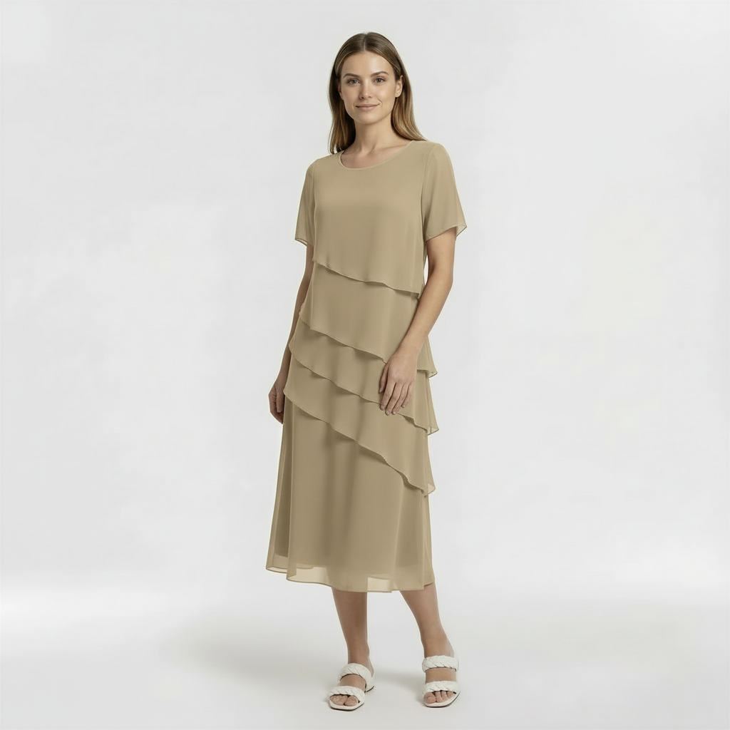 Vestito Donna Elegante Midi Maniche Corte Abito da Cerimonia con Drappeggio