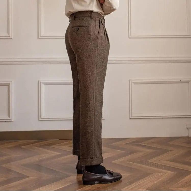 Elegante Pantalone Uomo Vita Alta Doppia Piega Gamba Dritta