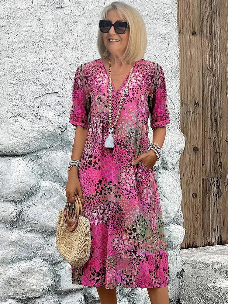 Vestito Estivo con Scollo a V & Stampa Allover – Al Ginocchio & Comodo