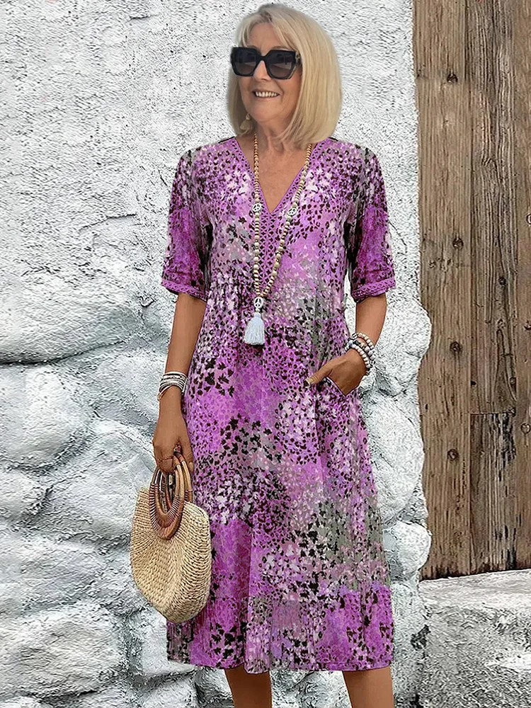 Vestito Estivo con Scollo a V & Stampa Allover – Al Ginocchio & Comodo