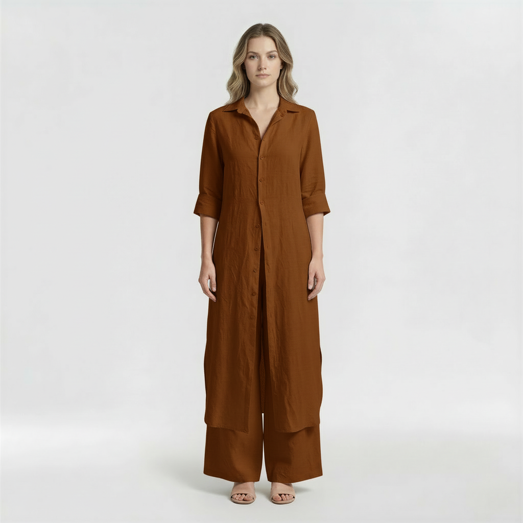 Completo Donna 2 Pezzi Camicia Lunga e Pantaloni in Cotone Set Casual Elegante