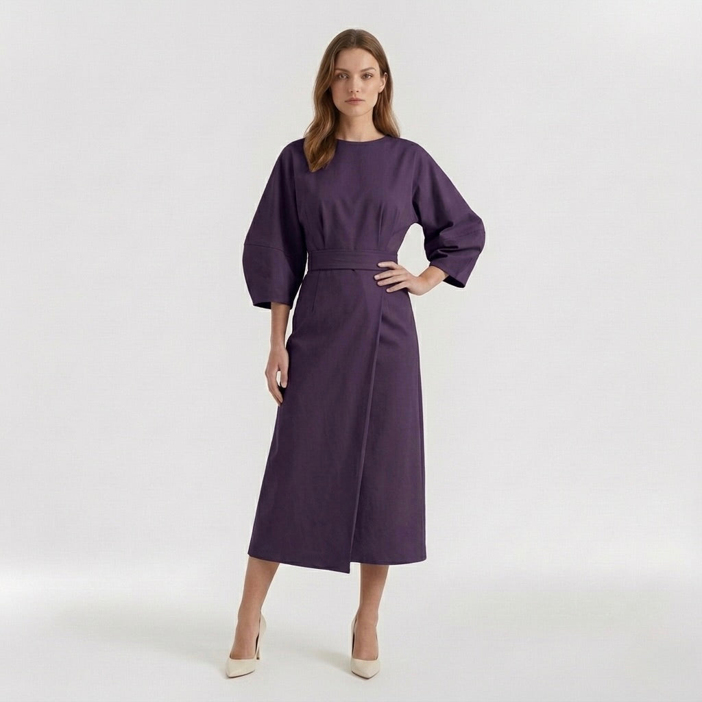 Abito Midi Elegante da Donna a Maniche Lunghe – Vestito Casual Chic con Cintura