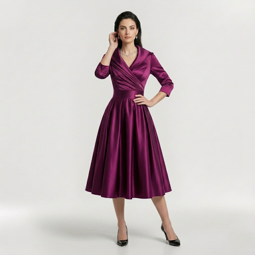 Abito Midi Elegante da Donna con Maniche Lunghe – Vestito Classico Svasato con Cintura