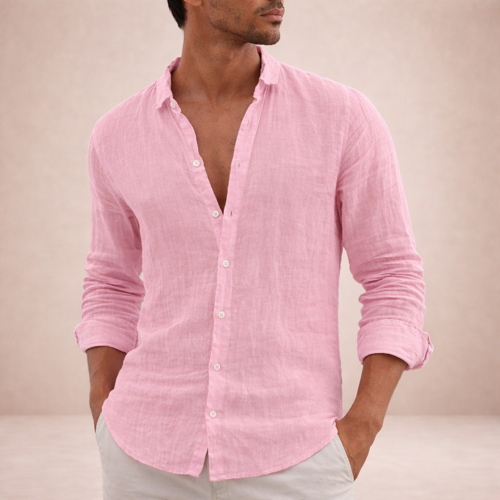 Camicia Uomo in Lino a Maniche Lunghe | Camicia Casual Regular Fit con Collo Aperto | Tessuto Leggero e Traspirante Estivo