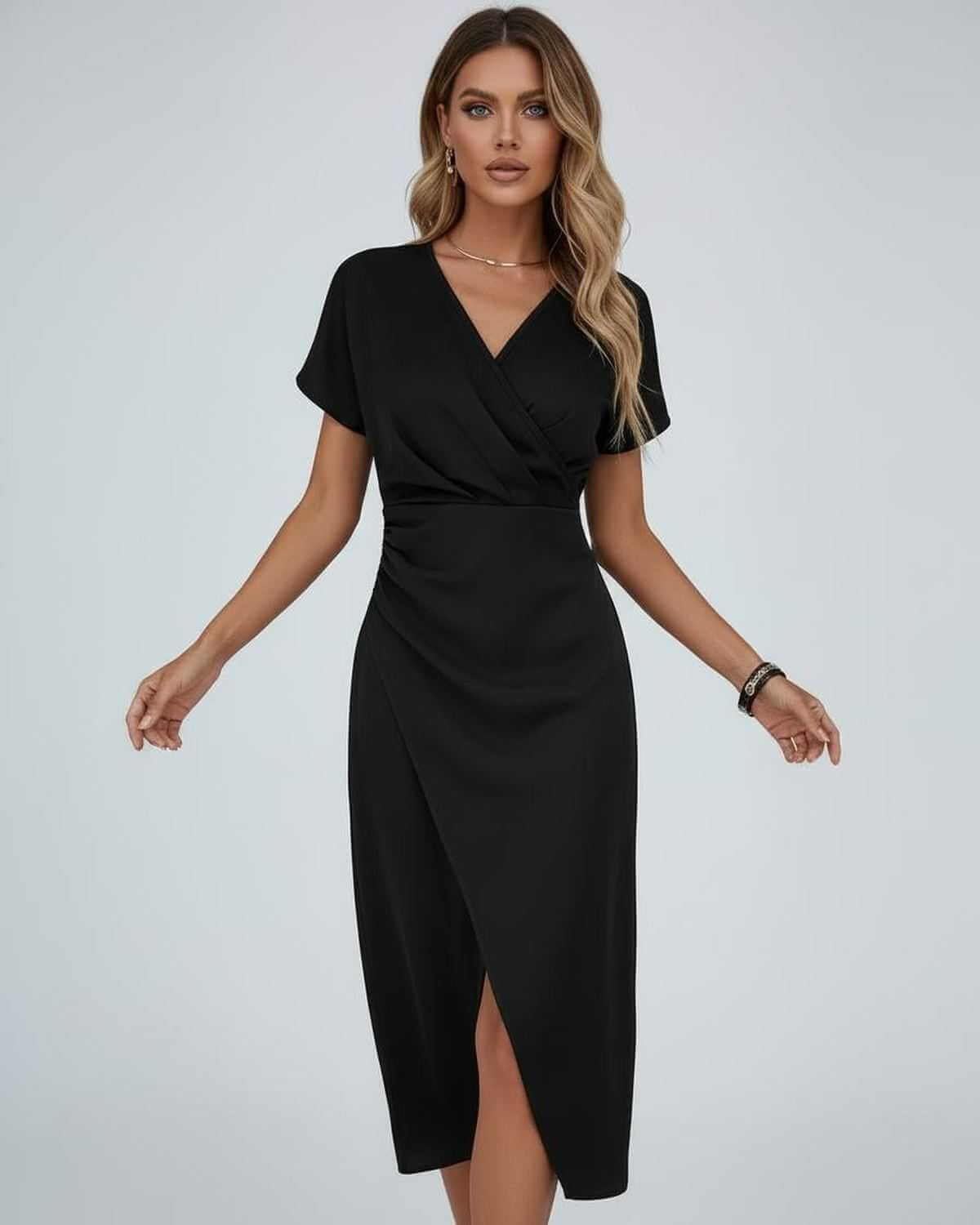 Elara Midi Dress by Lauven – Elegant black wrap dress with feminine silhouette for stylish day-to-night wear.