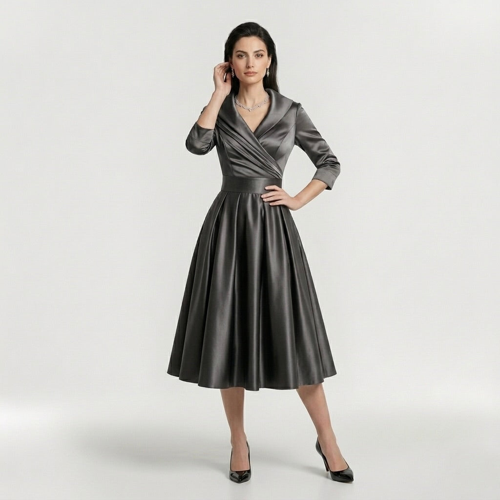 Abito Midi Elegante da Donna con Maniche Lunghe – Vestito Classico Svasato con Cintura
