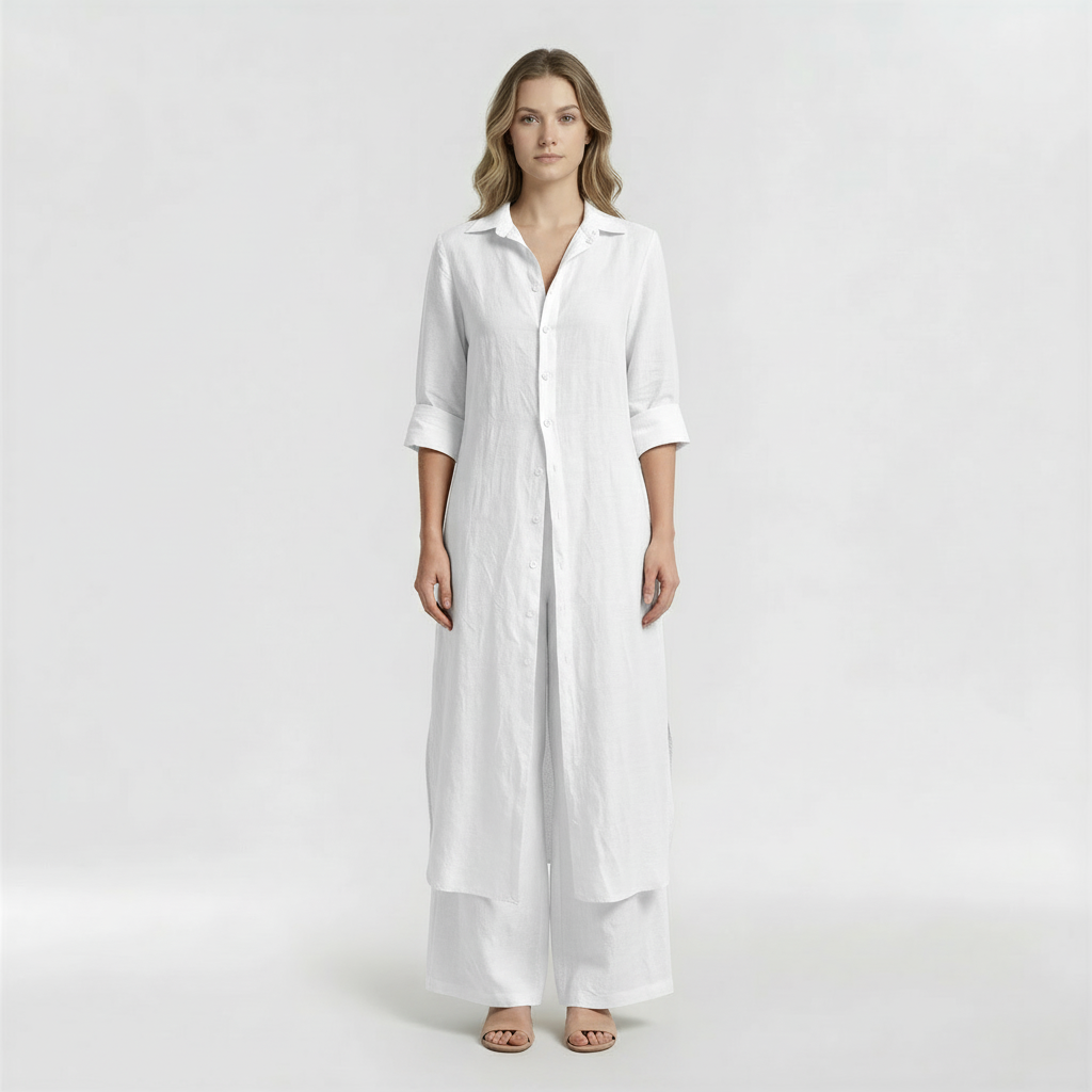 Completo Donna 2 Pezzi Camicia Lunga e Pantaloni in Cotone Set Casual Elegante