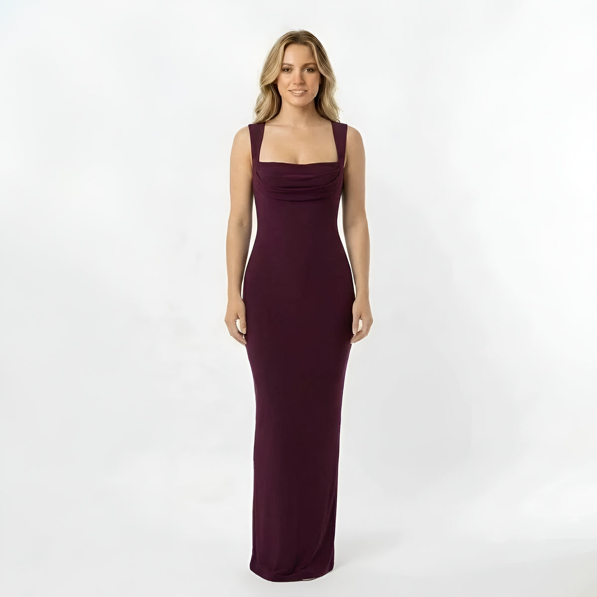 Vestito lungo donna aderente elegante abito sera scollo quadrato slim fit