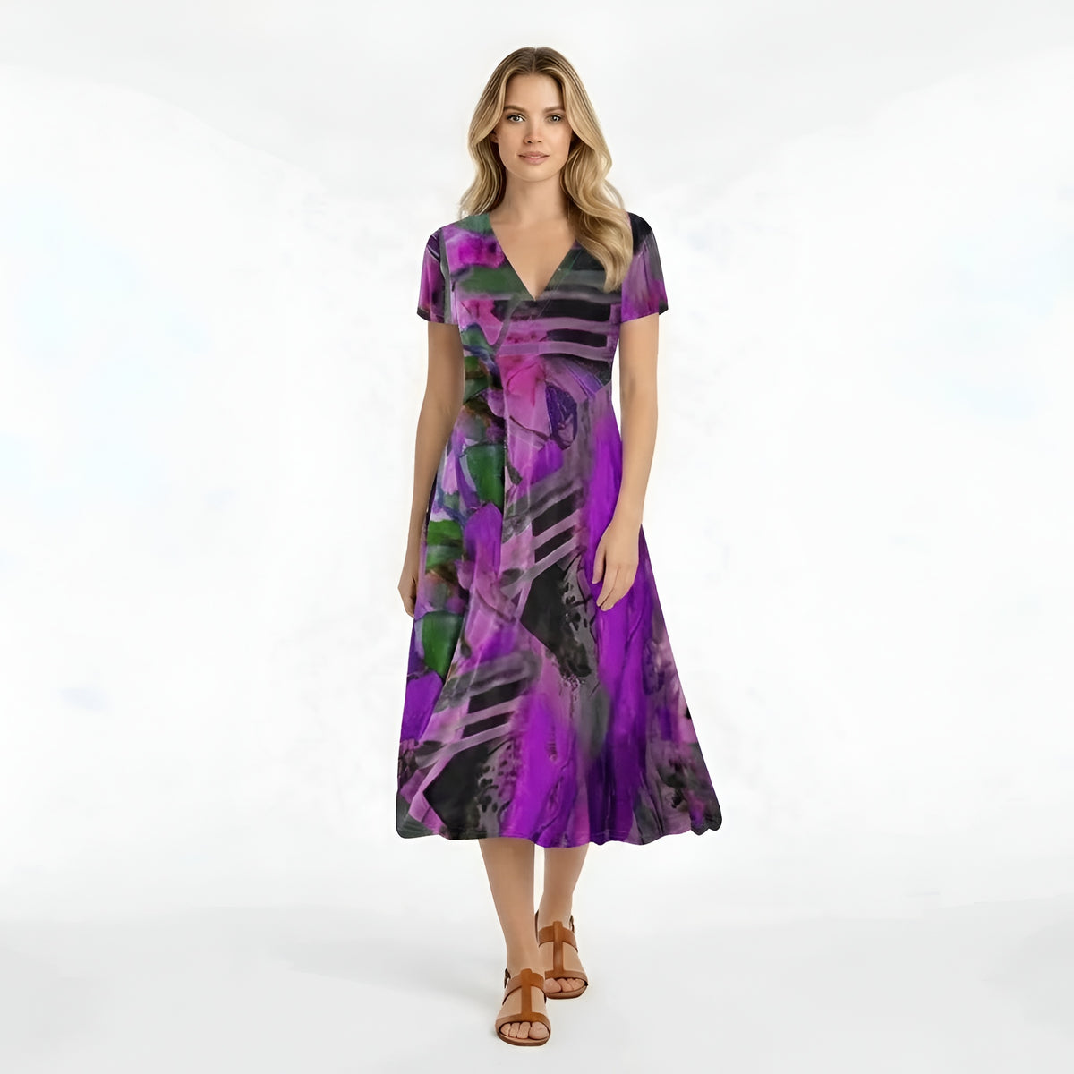 Vestito donna midi stampa astratta manica corta abito casual scollo V fluido