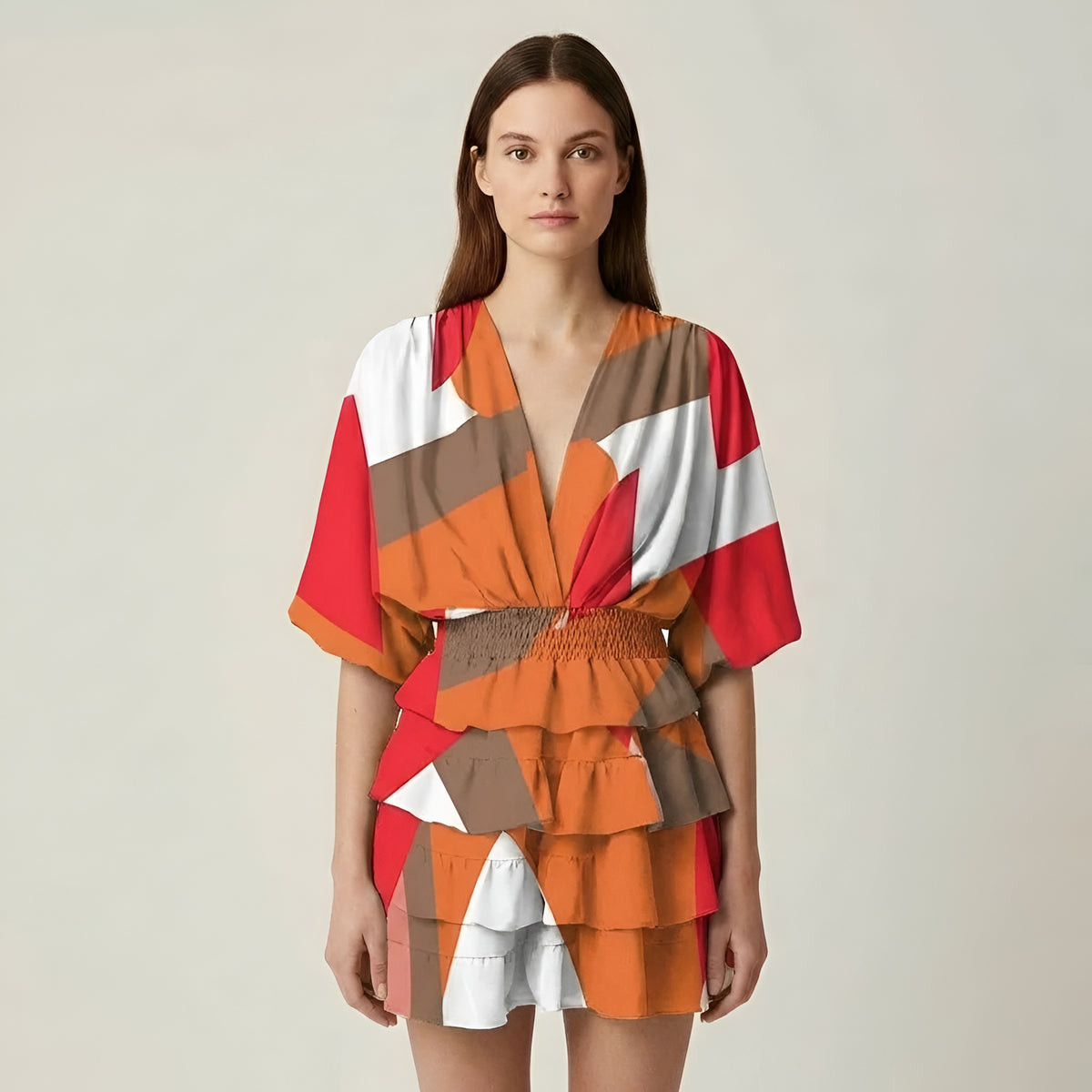 Vestito donna corto volant stampa floreale manica ampia scollo V abito estivo casual