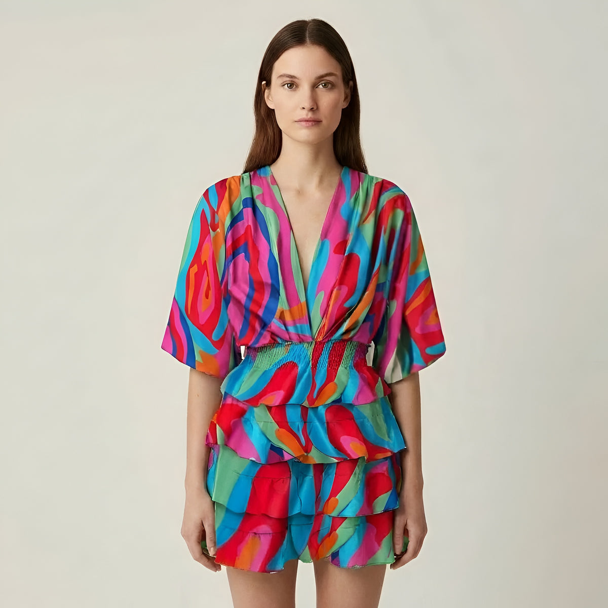 Vestito donna corto volant stampa floreale manica ampia scollo V abito estivo casual