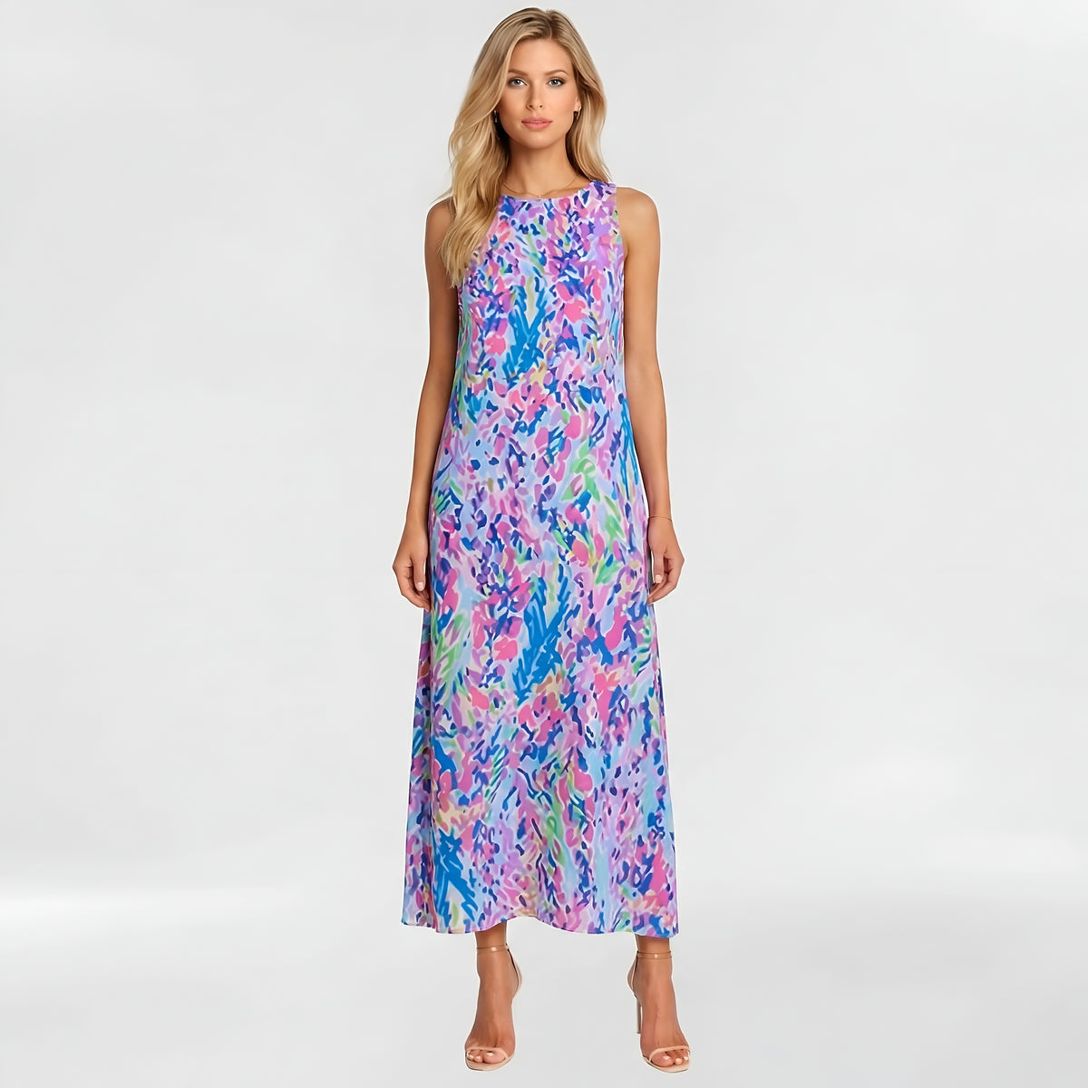 Vestito donna midi stampa floreale senza maniche abito estivo casual scollo alto
