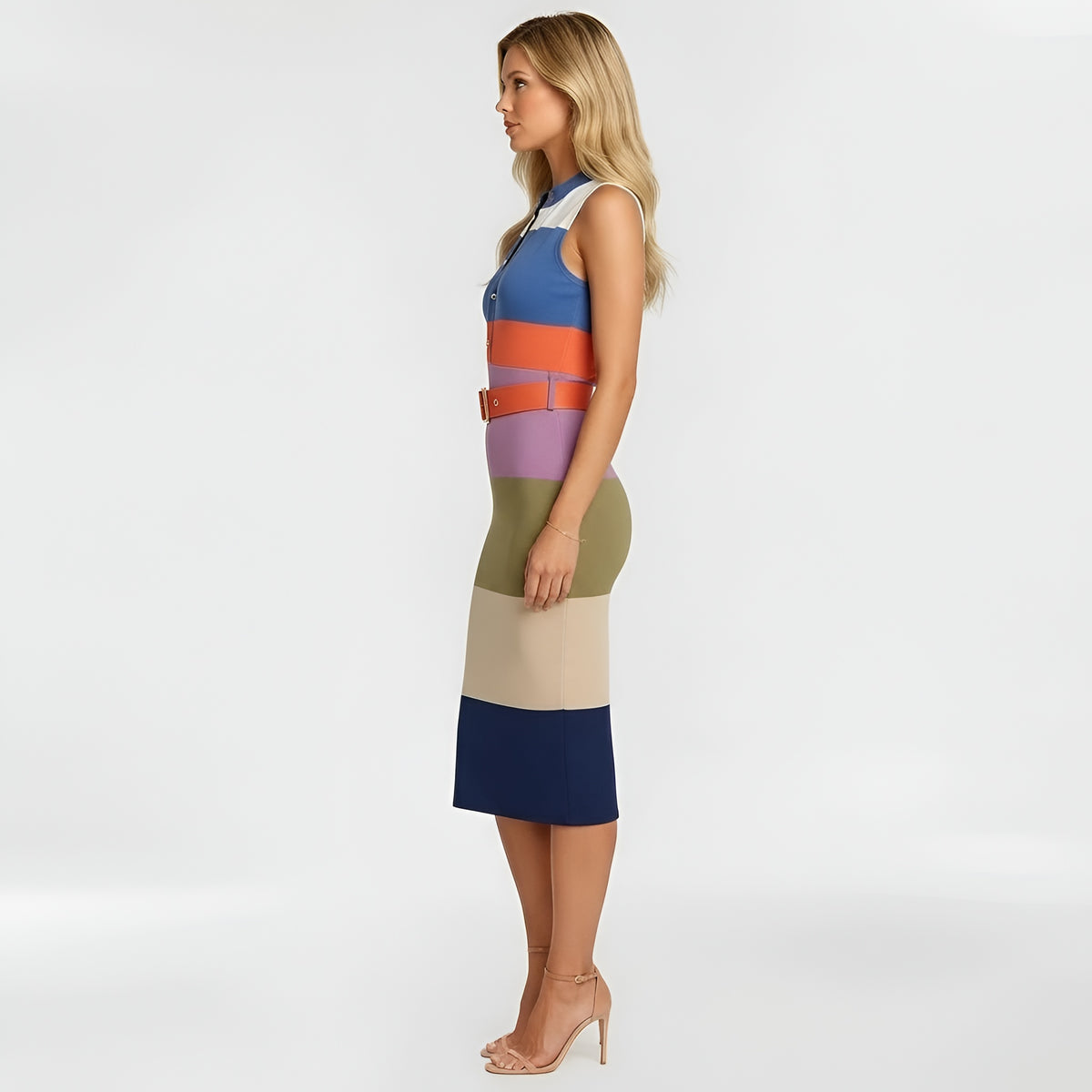 Vestito donna midi aderente senza maniche abito elegante slim fit con cintura